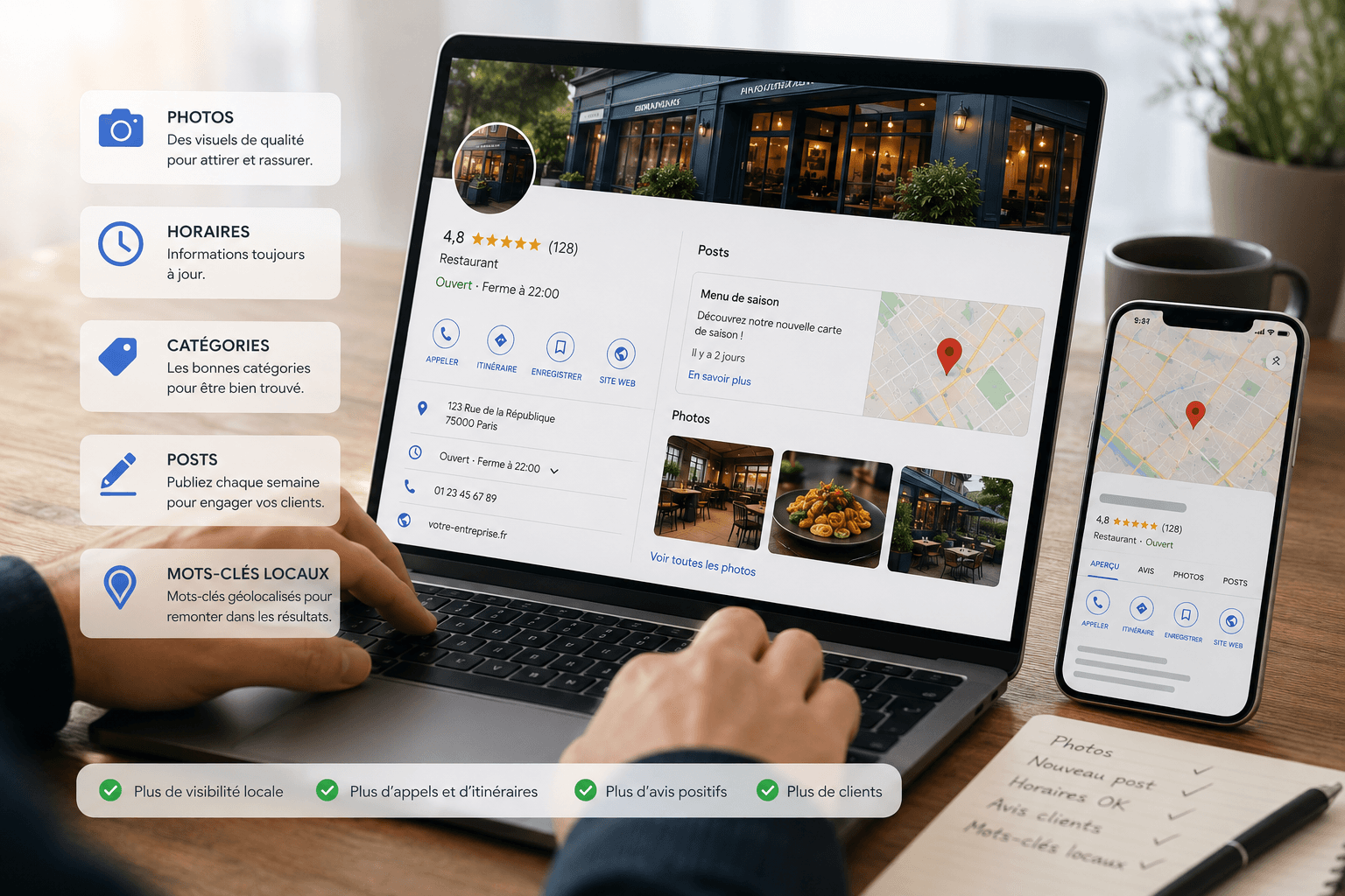MacBook et iPhone affichant la fiche Google Business Profile optimisée avec photos, horaires, catégories, posts et mots-clés locaux