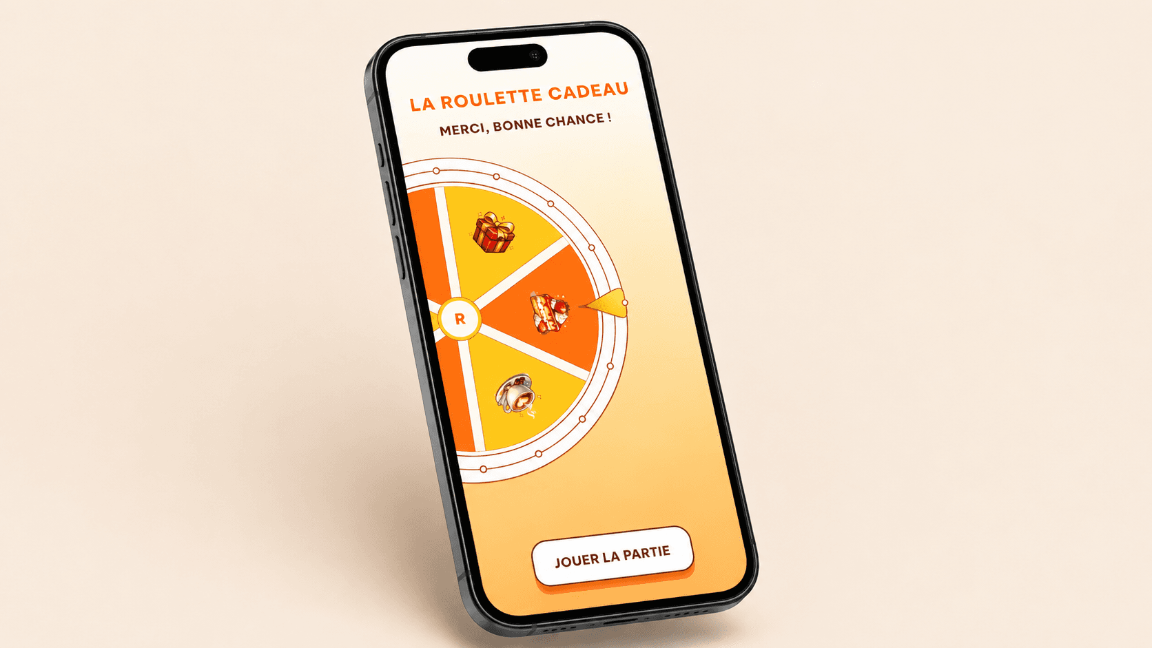 iPhone affichant la roulette cadeau Primaps avec lots à gagner