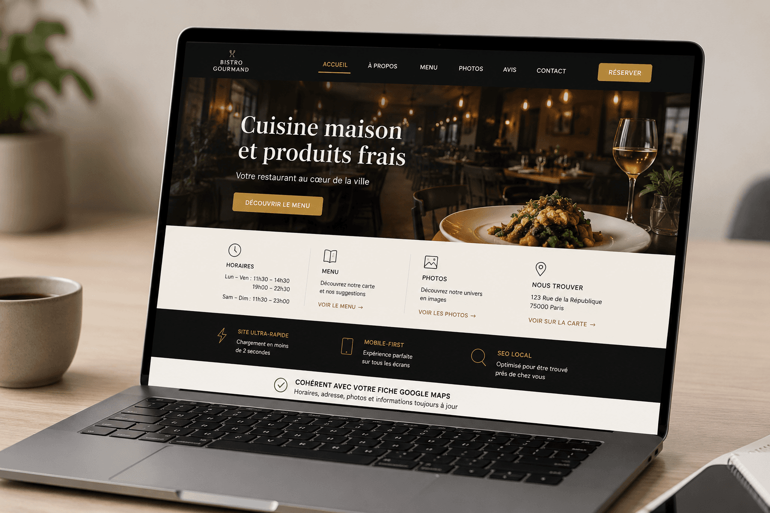 MacBook affichant le site web d'un restaurant bistro avec menu, photos et réservations